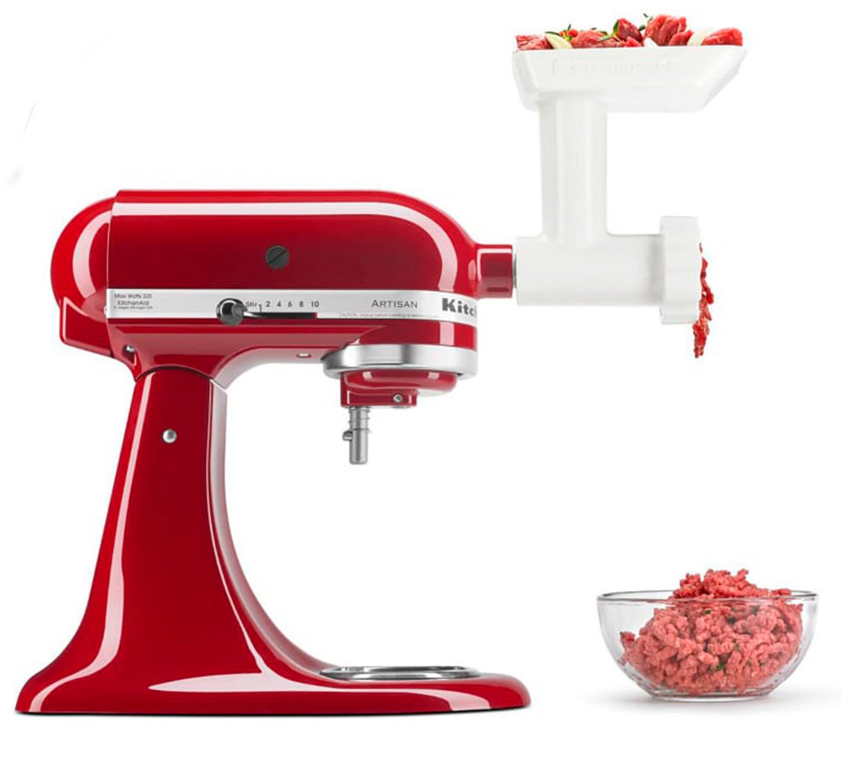 Batidora artisan 4.7lt roja de 10 velocidades con molino para carne