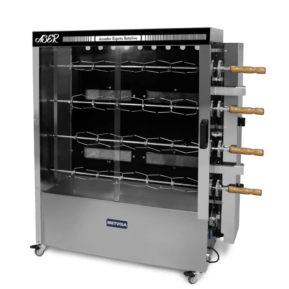 Asador pollos rotativo para 20 unidades, 4 espadas quemadores, giro eléctrico.